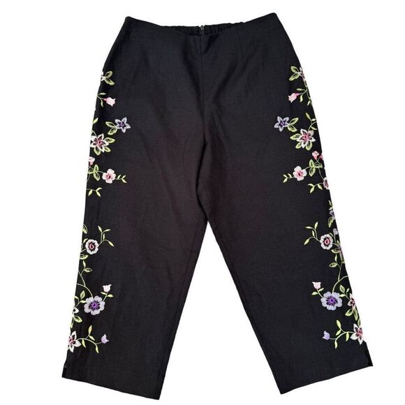 John Roberts Black Embroidered Crop Pants Sz 8 Fully Lined Linen Blend Zip Back - Picture 1 of 6